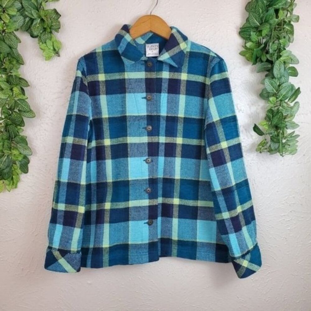 Allison Daley Plaid Wool Blend Button Down Jacket Size 8 green Blue Vintage